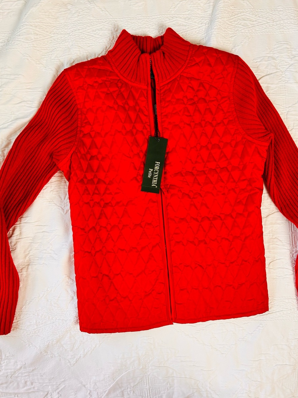 For Cynthia Bright Red Quilted Zip Jacket